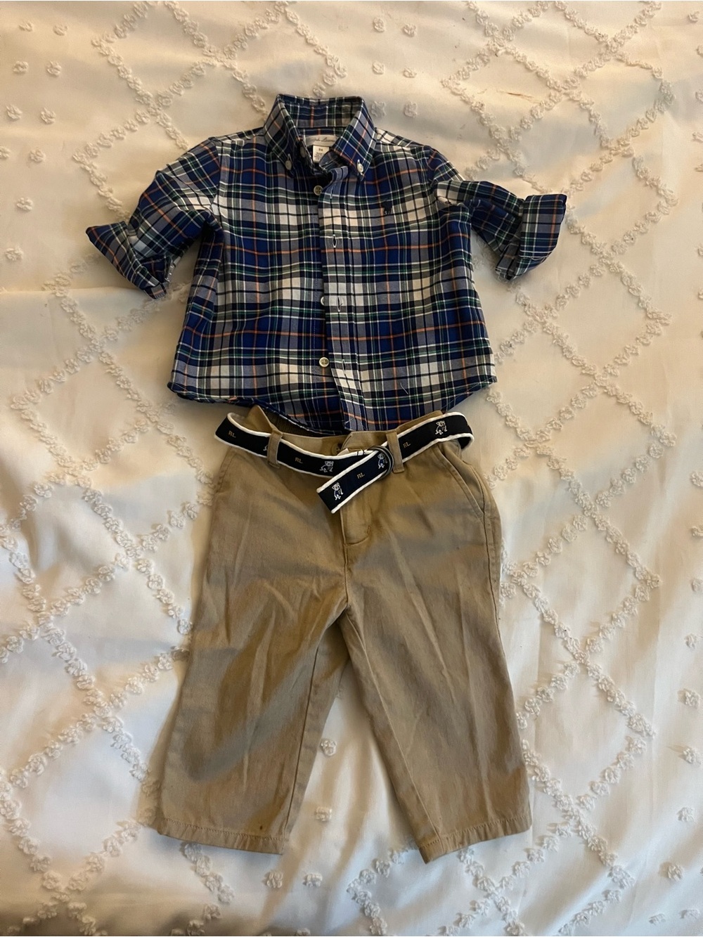 Ralph Lauren Boys Plaid Button-Down Shirt and Khaki Pants Set - Blue & Tan